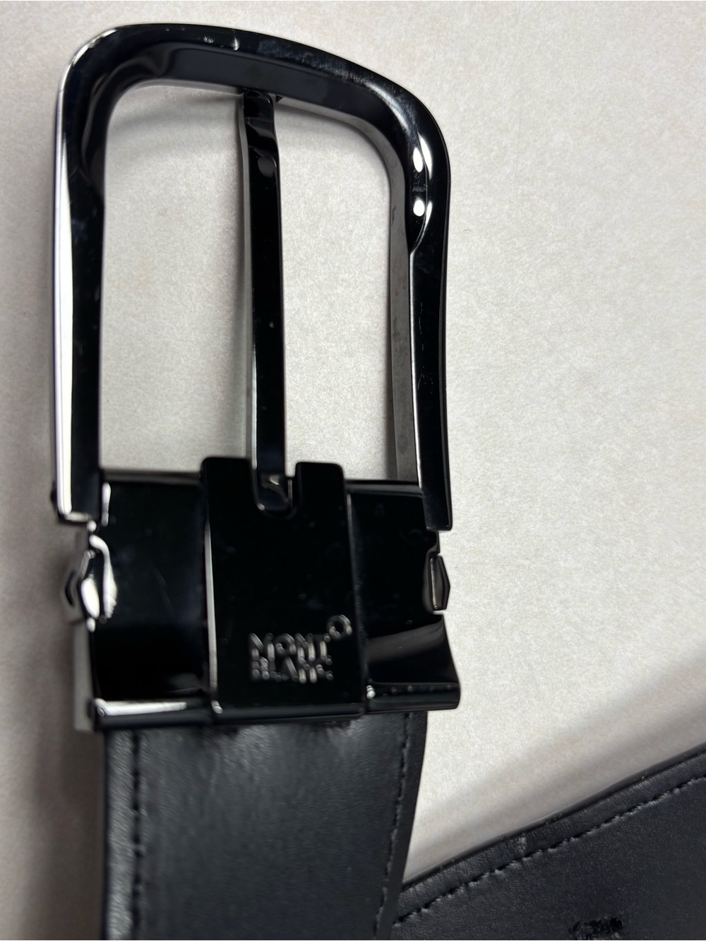 Montblanc Black Leather Men’s Belt with Glossy Gunmetal Buckle
